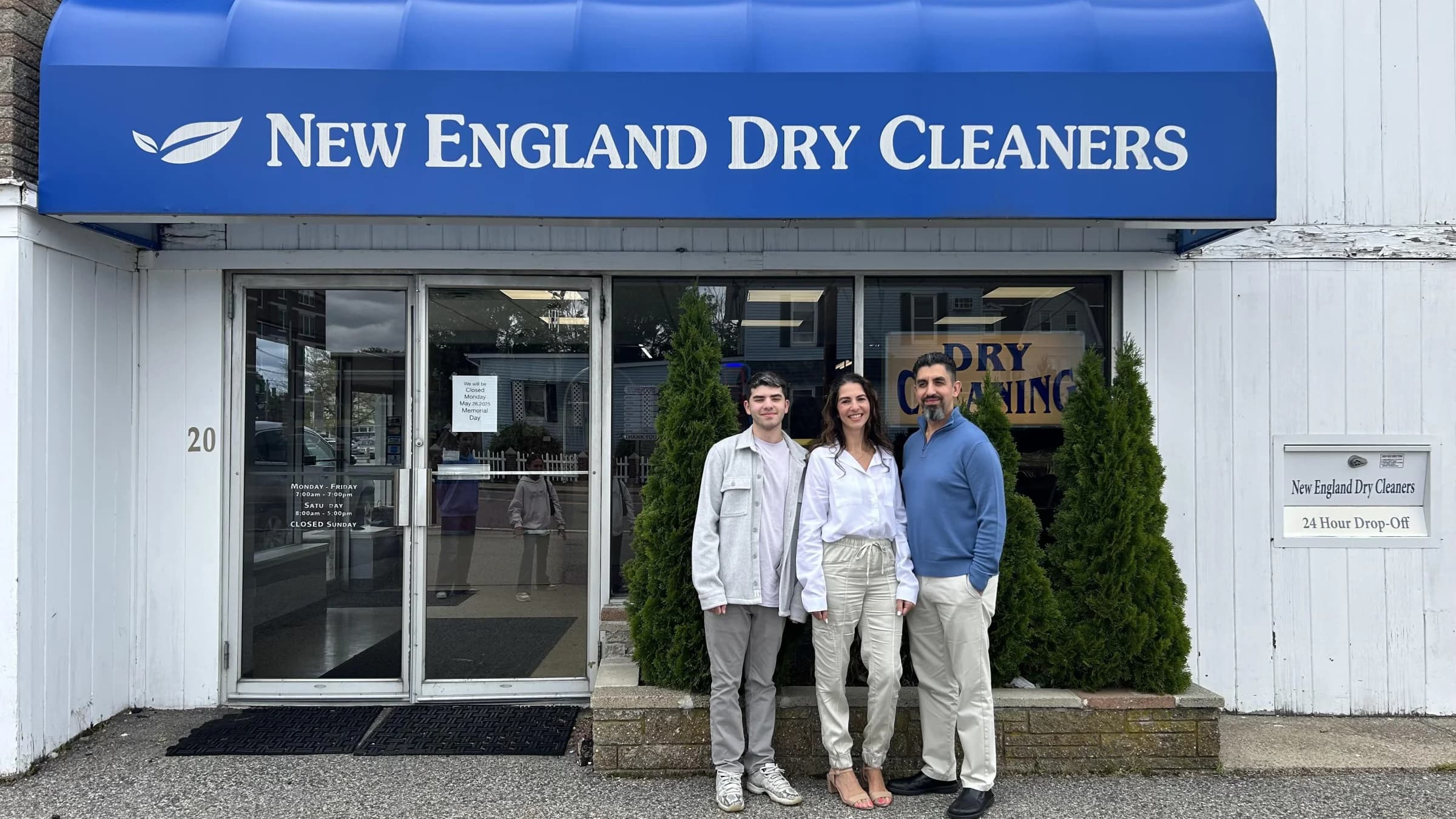 The New England Dry Cleaners storefront at 20 Elm Street, North Attleboro